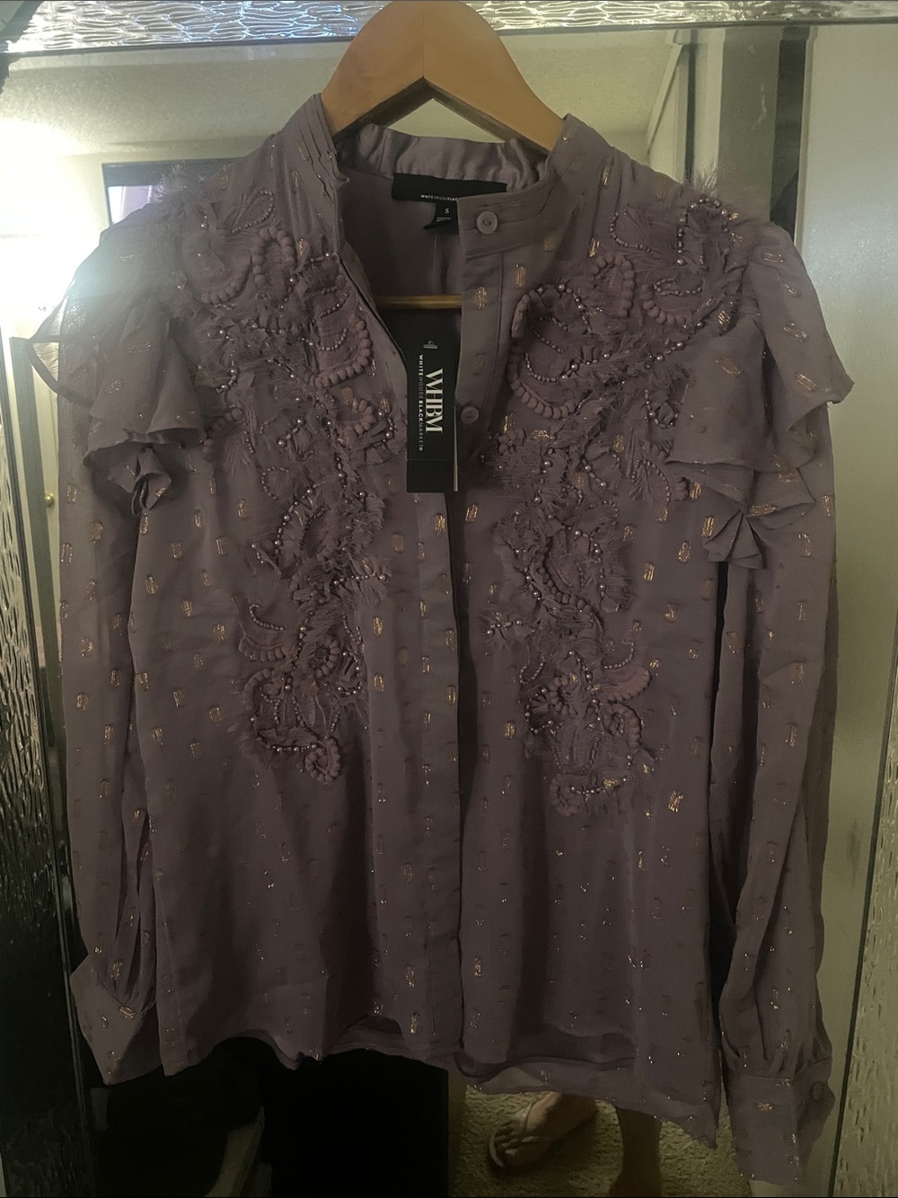 White House Black Market lavender embellished ruffle blouse